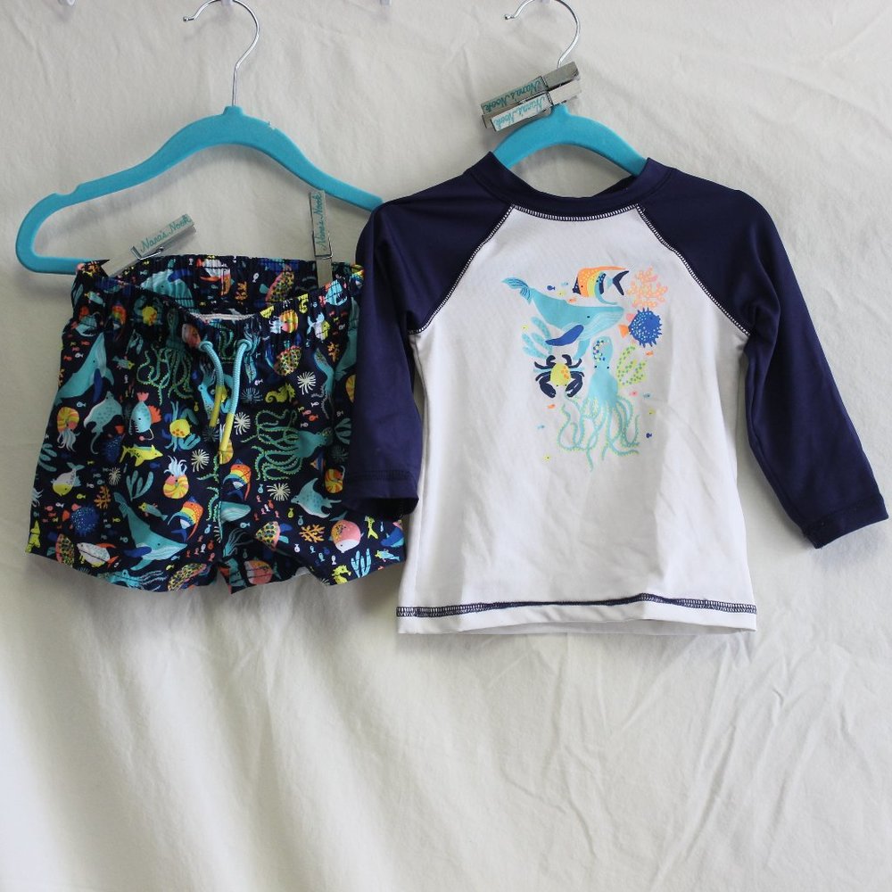 Set 💙 Cat & Jack Tropical Rash Guard Swim Shorts 12M Sunglasses - Picture 2 of 12